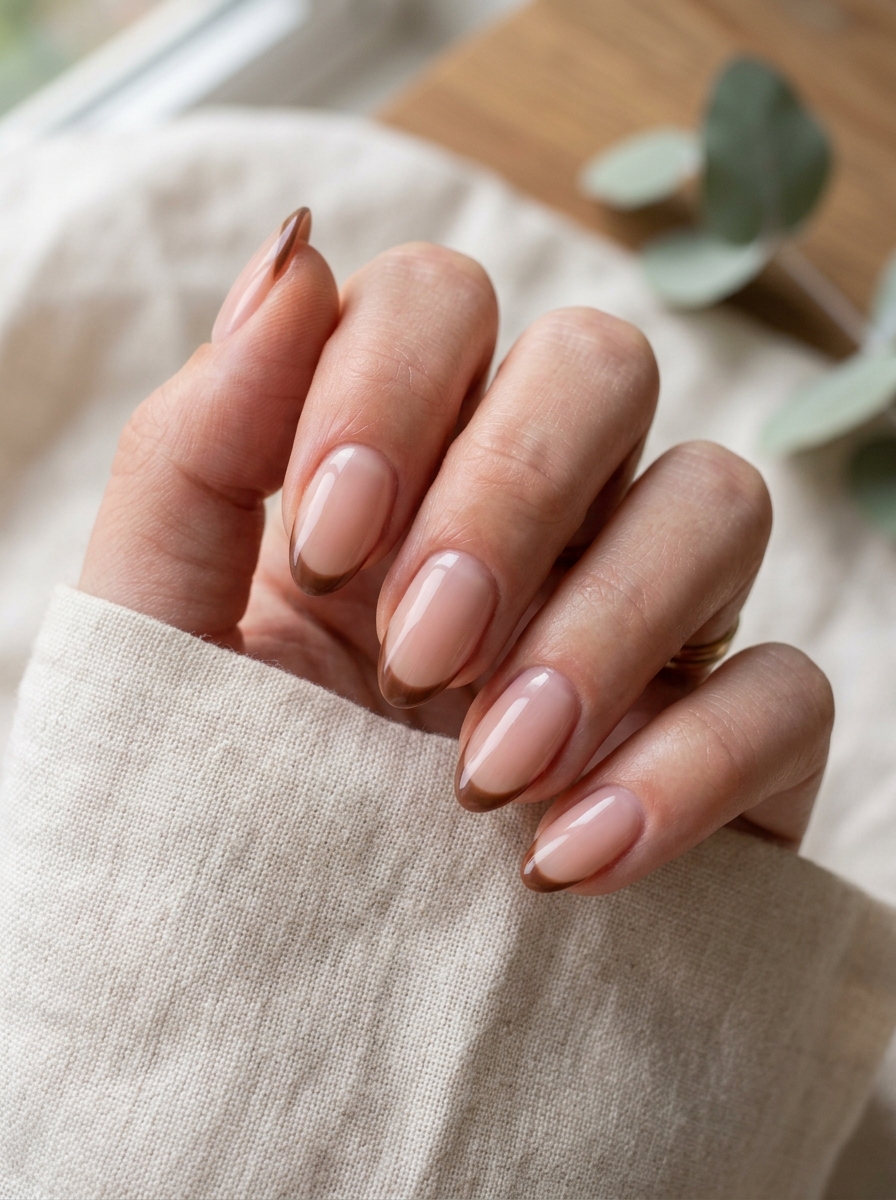 Short Almond French mit Brown Tips als Kurze Almond Nails Inspiration 2026